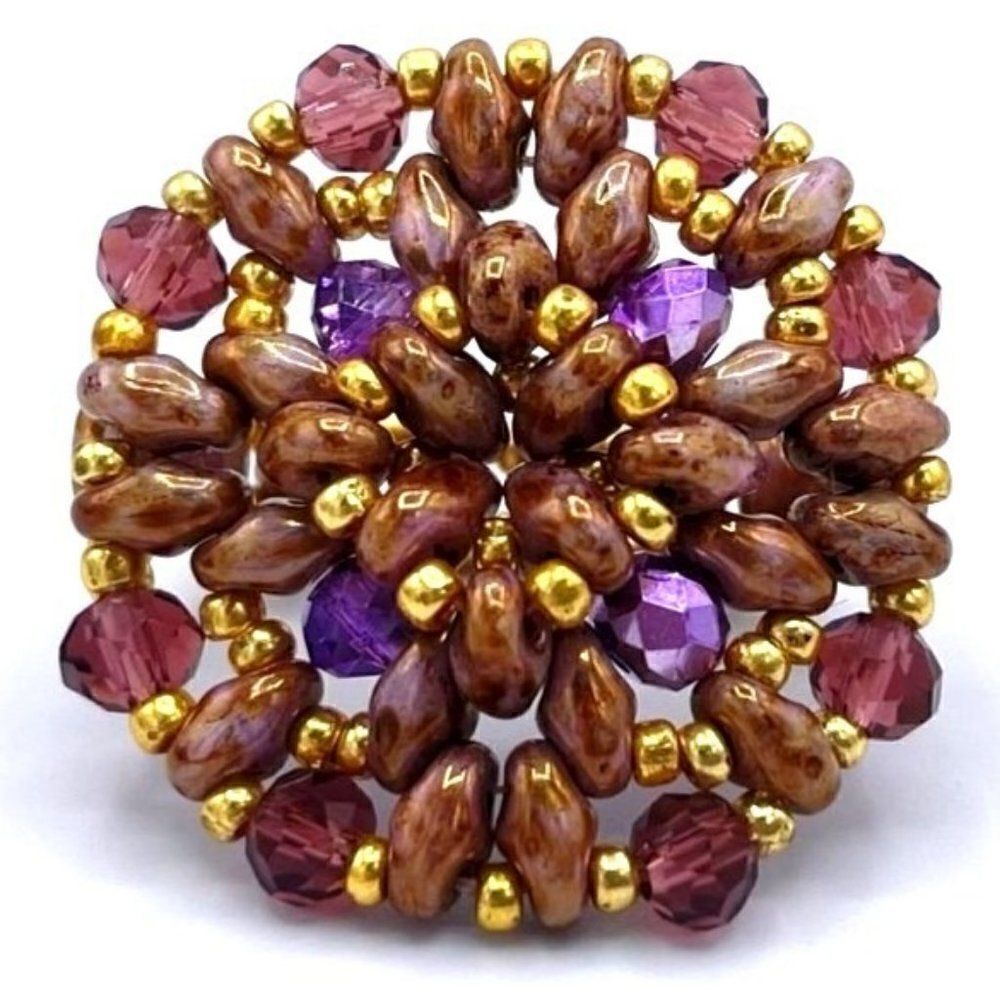 Brown Picasso with Gold and Purple Crystal Beaded Statement Ring Size 8